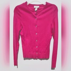 LOFT PINK CARDIGAN FINE -KNIT SWEATER WITH RHINESTONE BUTTON DOWN.